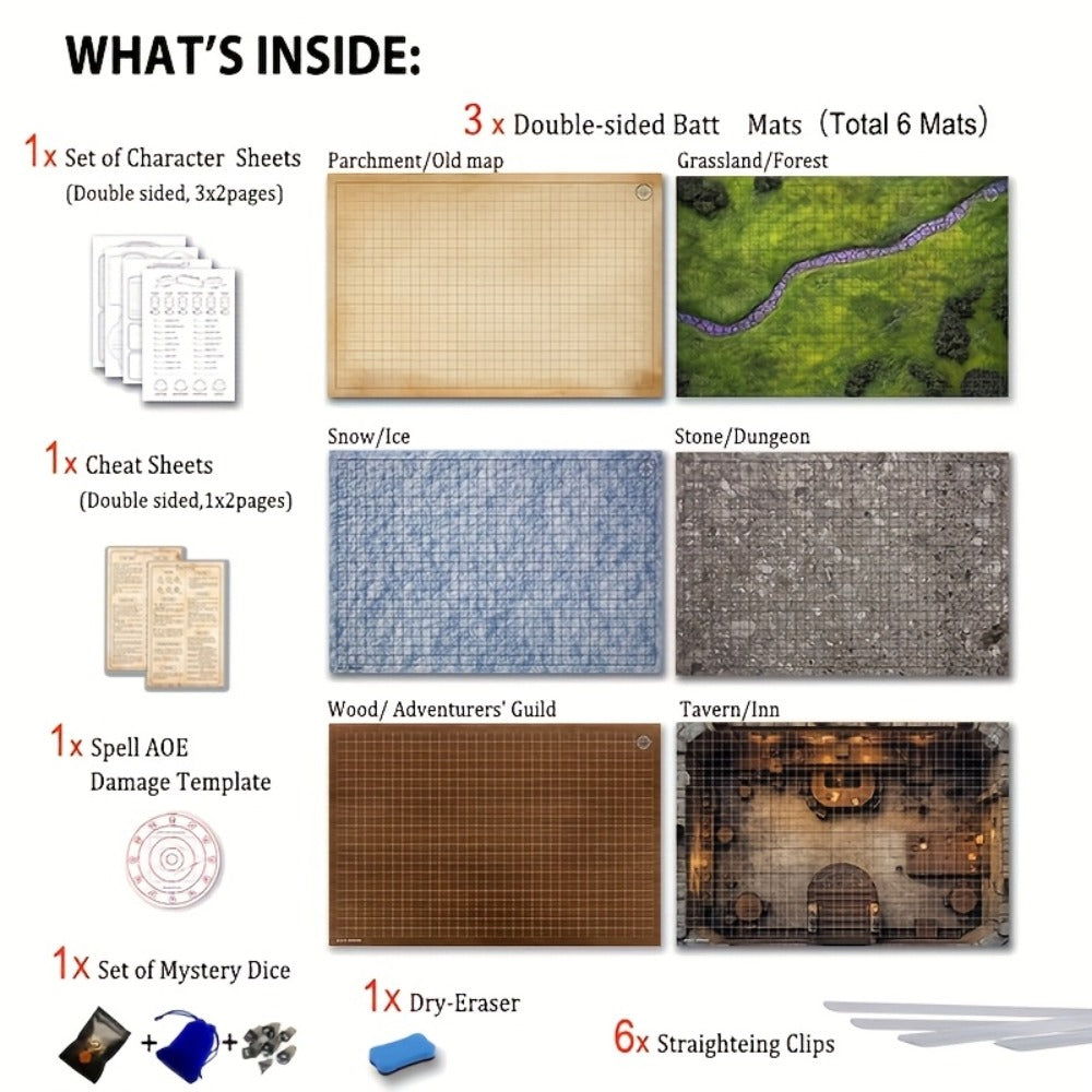 Fantasy Tabletop RPG Starter Map Set with Six Terrain Grids, Dice, Character Sheets and Templates