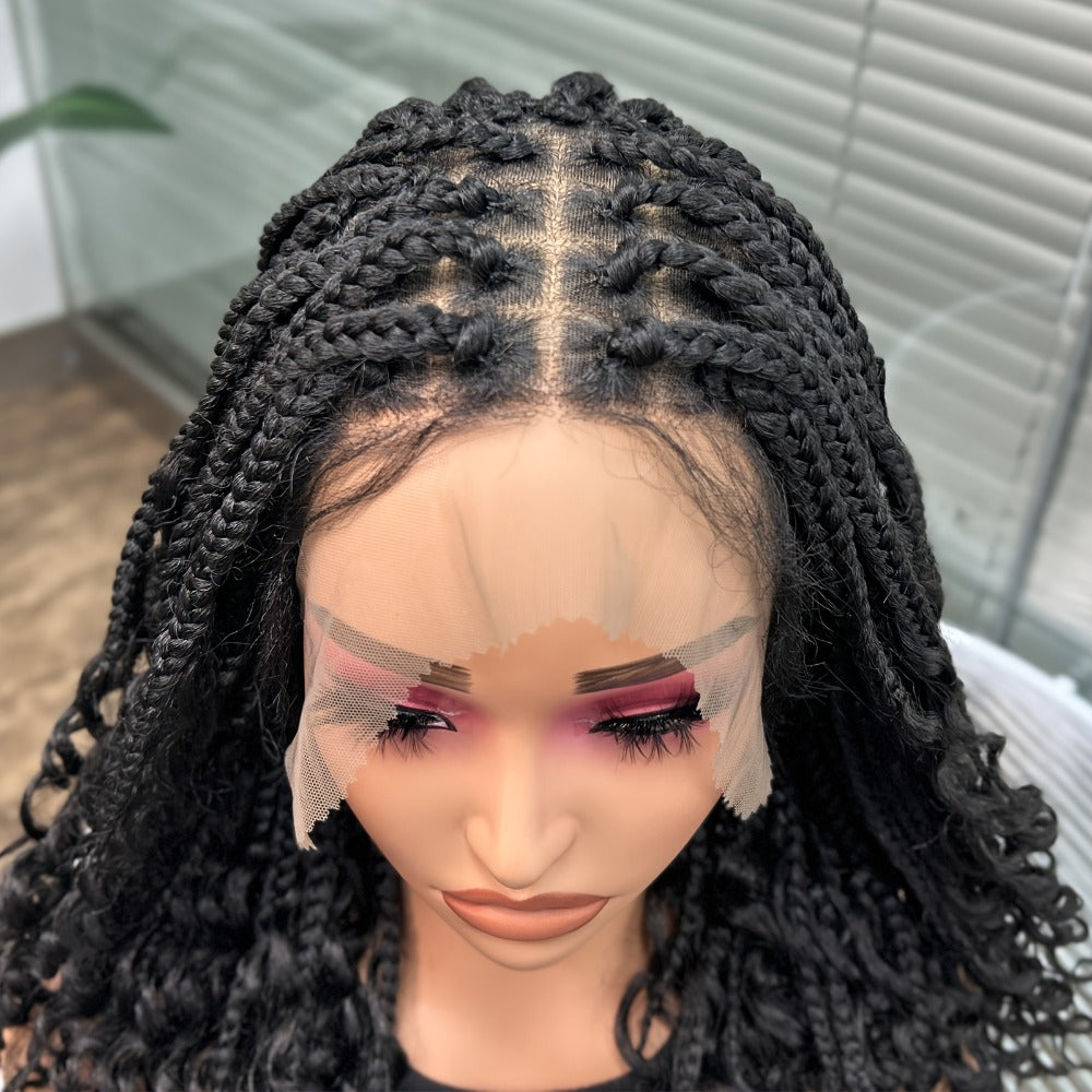 Goddess Braided Wig Knotless Bohemian Square Braid Full Lace Curly Wave 14-16 Inch Black Burgundy Brown Natural Hairline Protective Style Synthetic Wig for Women