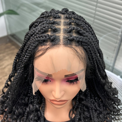 Goddess Braided Wig Knotless Bohemian Square Braid Full Lace Curly Wave 14-16 Inch Black Burgundy Brown Natural Hairline Protective Style Synthetic Wig for Women