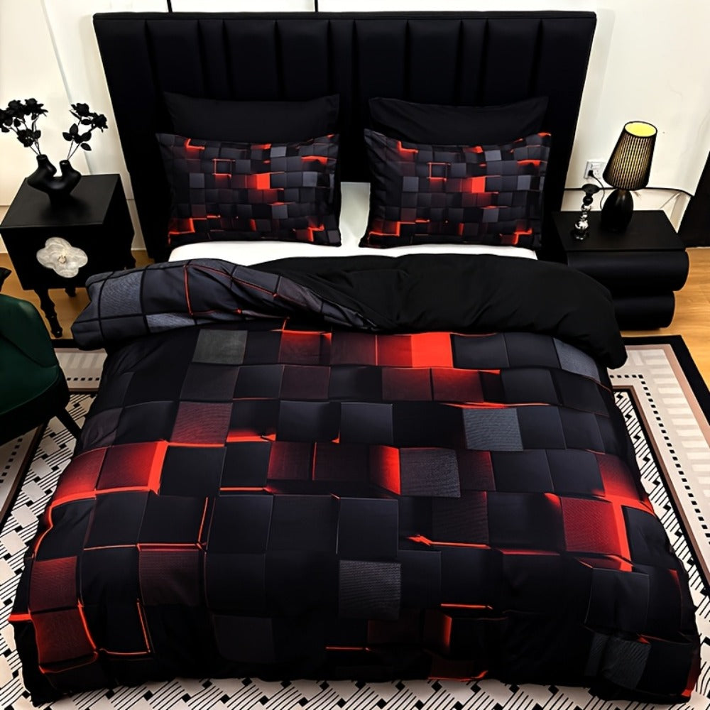 Three-Piece Plaid Duvet Cover Set with Two Pillowcases in Five Colors and Four Bed Sizes for Home and Everyday Use