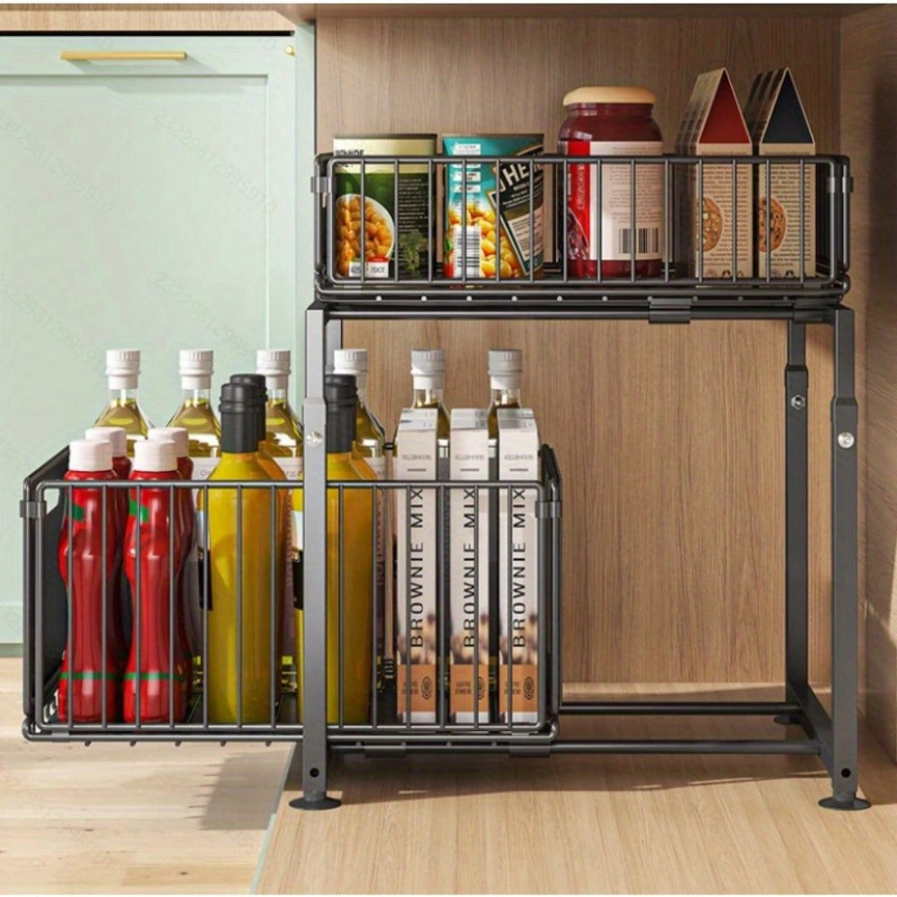 Two-Tier Under-Sink Cabinet Organizer with Sliding Metal Baskets in One- or Two-Piece Options