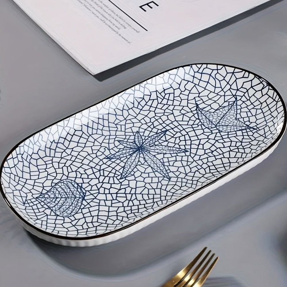 Four-Piece 12 Inch Blue and White Porcelain Fish Plate Set for Serving, Steaming and Oven Baking