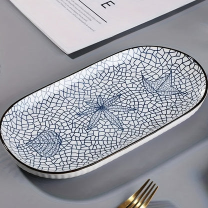 Four-Piece 12 Inch Blue and White Porcelain Fish Plate Set for Serving, Steaming and Oven Baking