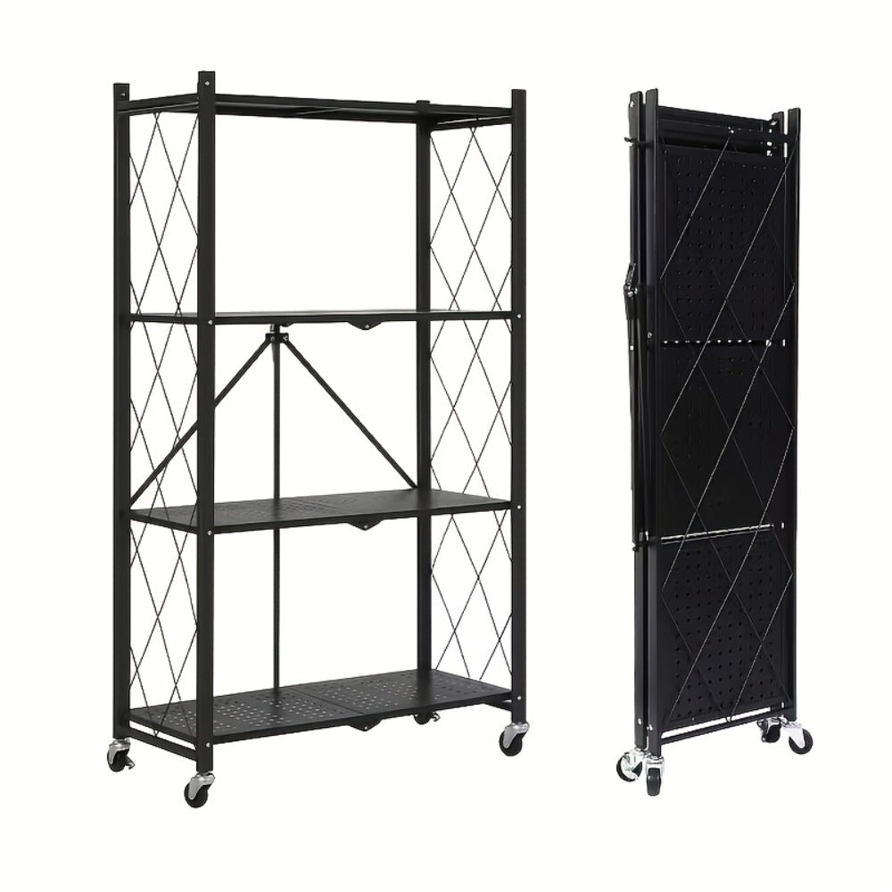 Three-to-Five-Tier Folding Storage Rack with Metal Shelves, Caster Wheels and Black or White Finish