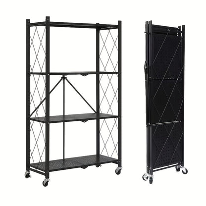 Three-to-Five-Tier Folding Storage Rack with Metal Shelves, Caster Wheels and Black or White Finish