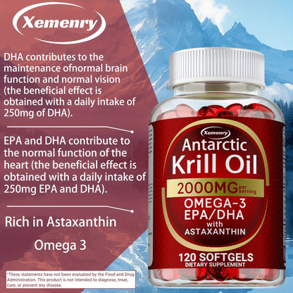 Antarctic Krill Oil 2000mg Softgels 120 Count with Astaxanthin EPA & DHA — High Absorption Omega-3 for Bone Immune Heart & Joint Health Support for Women and Men Gluten-Free