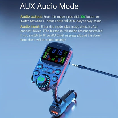 Flexible-Neck Car FM Transmitter with Color Display, USB-C and USB-A Ports, AUX Input and Call Controls