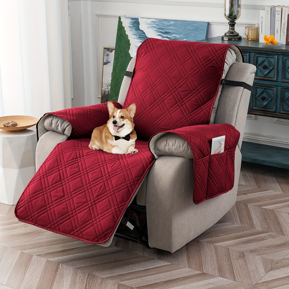 Chair Cover Quilted Recliner Throw with Side Pocket, Elastic Straps and Buckle in Ten Colors