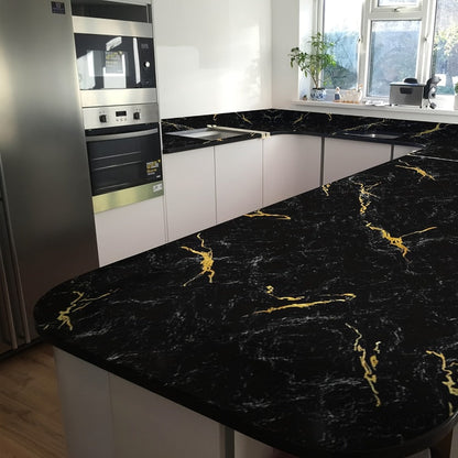 Black Marble Peel-and-Stick Contact Paper, 23.62 by 196.85 Inches, with Gold Vein Pattern for Furniture