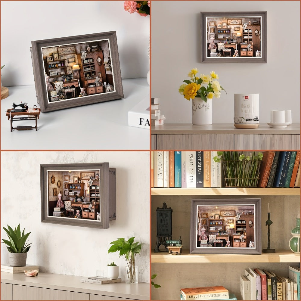Seam House Book Nook Kit with Framed Sewing-Room Scene and Standard, Fireplace or Dwarf Style Options