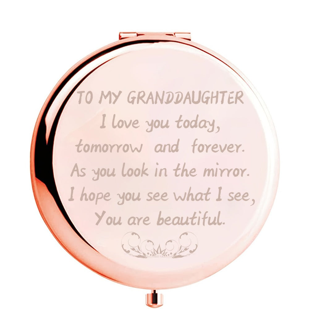 Rose-Gold Granddaughter Compact Mirror with Regular and Magnifying Views, Engraved Message and 2.9 x 2.6-Inch Case