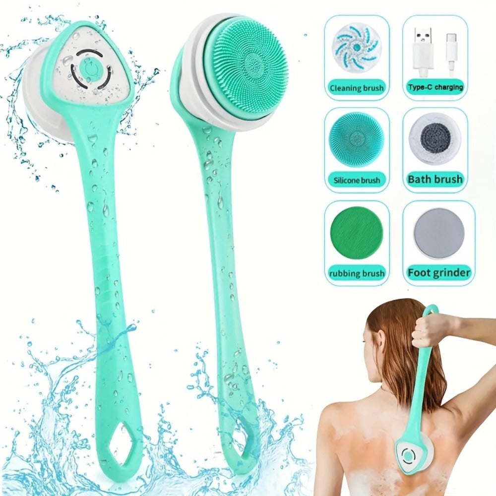 Electric Body Scrubber 6-in-1 Rechargeable Shower Brush - Vibrating Exfoliating Brush with Long Handle, 6 Brush Heads for Deep Cleansing, Back Scrubber, Pore Cleansing, Spa Gift for Women & Men