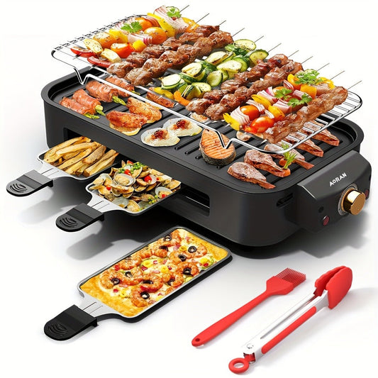 Electric BBQ Grill Indoor – 1500W Smokeless Tabletop Grill with Removable Frying Pan, Waffle Maker & Non-Stick Stainless Steel Plates, Adjustable Temperature, Perfect Christmas Housewarming Gift
