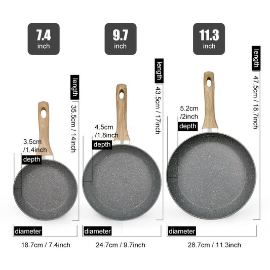 Non-Stick Frying Pan Set 3-Piece 7 9.5 11 Inch – Dishwasher Safe Skillet Set with Insulated Handle | Induction Compatible Home Kitchen Pans in Beige Grey & Black | Durable Even-Heating Cookware
