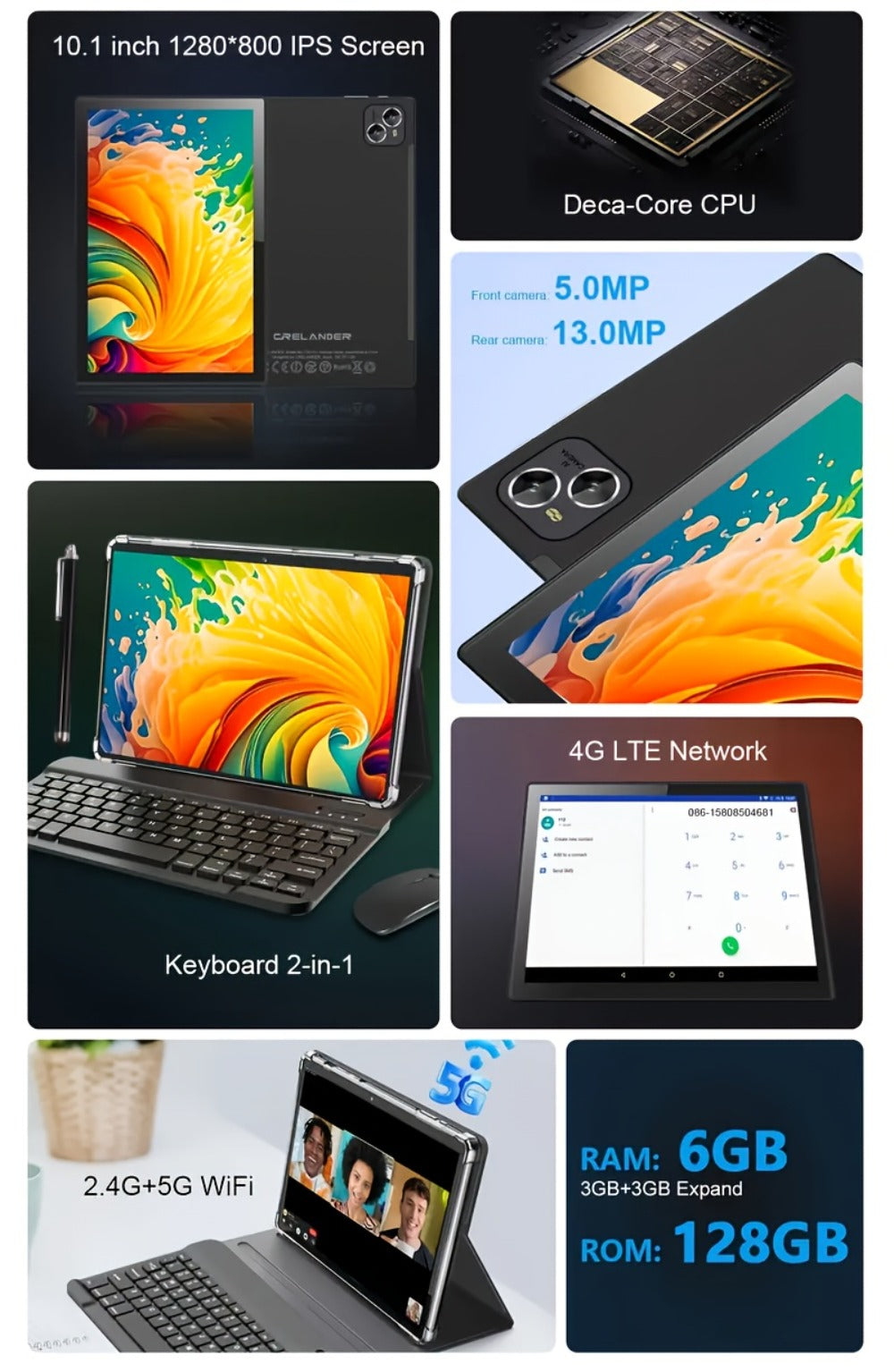 4G LTE Pink Tablet 10.1 Inch 2-in-1 Android 6GB RAM 128GB SSD 1280x800 IPS HD Touchscreen WiFi Dual Camera with Keyboard Mouse Case for Work School Travel Women