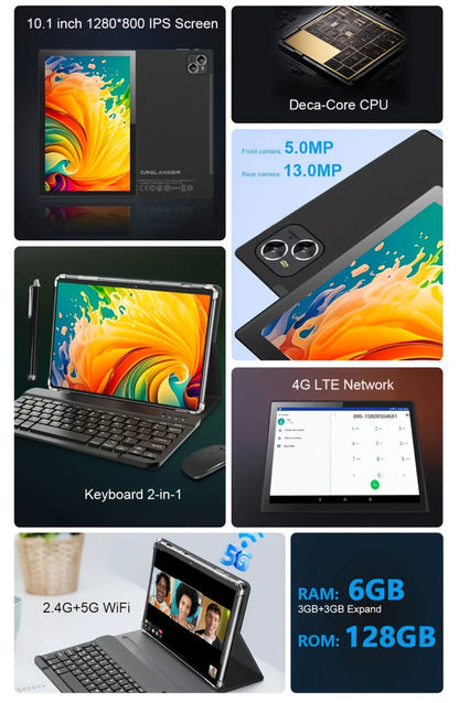 4G LTE Pink Tablet 10.1 Inch 2-in-1 Android 6GB RAM 128GB SSD 1280x800 IPS HD Touchscreen WiFi Dual Camera with Keyboard Mouse Case for Work School Travel Women