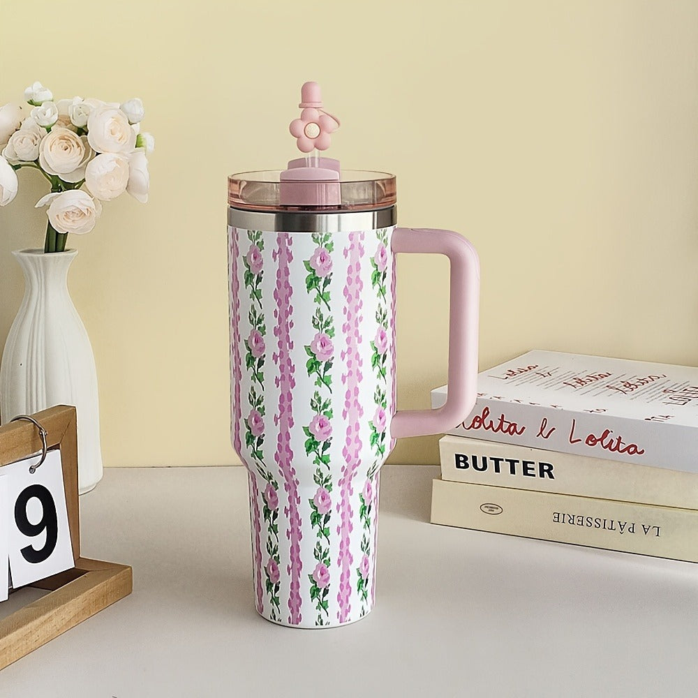 40oz Floral Handled Tumbler with Straw Lid in White, Pink, Blue or Pink Butterfly Checkout Designs