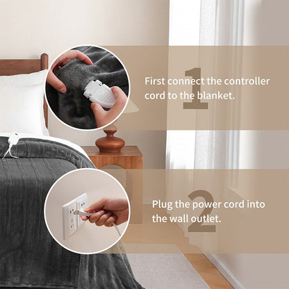 Electric Blanket with Temperature Control and Timer – Extra Large Flannel Heated Blanket, 8 Levels 10-Hour Auto-Off, Machine Washable, PTC+NTC Overheat Protection, Throw Twin Full Queen King