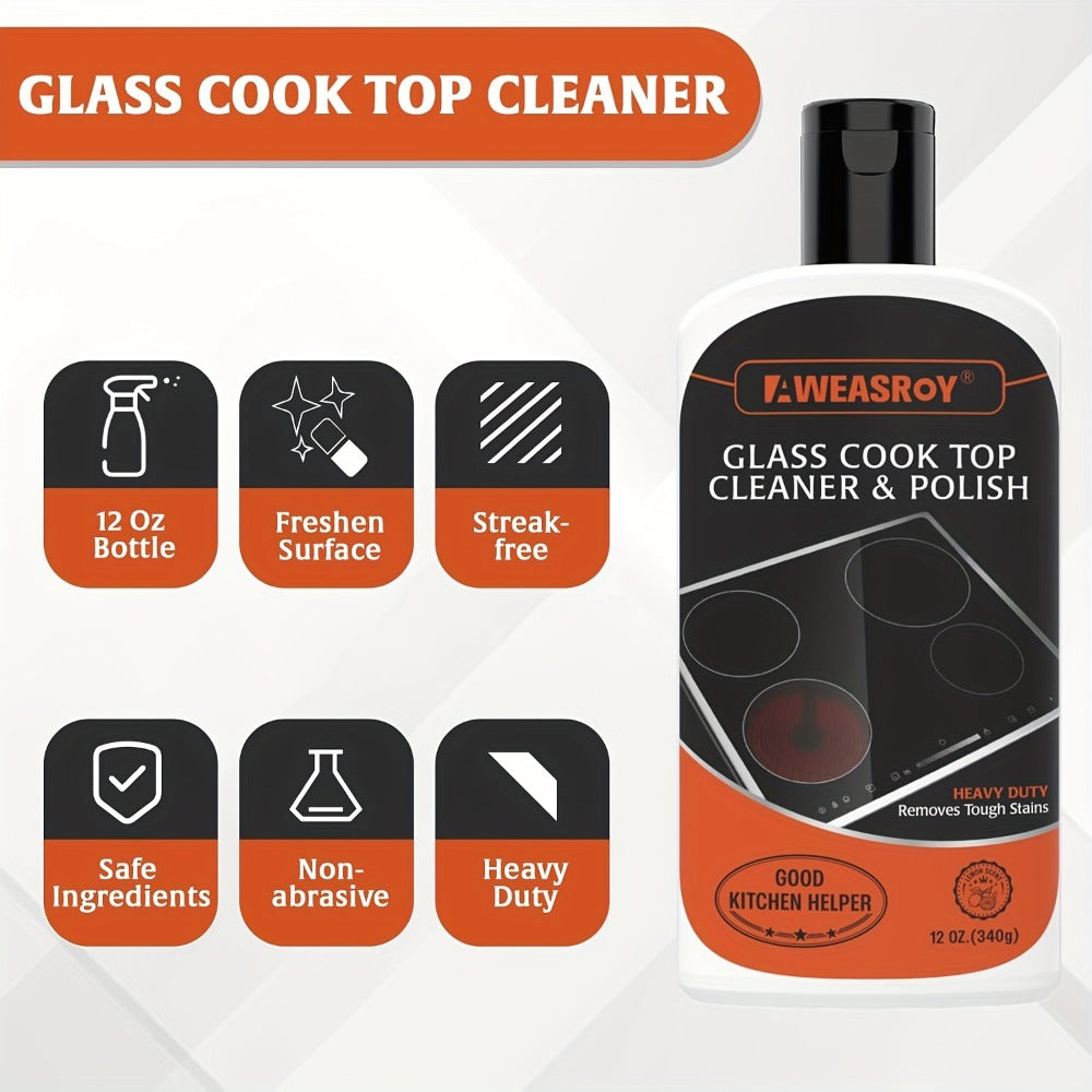 Glass Stove and Cooktop Cleaner Kit with 12 oz Cleaner, Scraper, Scrubbing Pad, Handle and Cloth, Nine Pieces