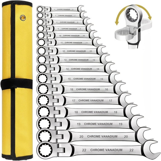 Ratcheting Wrench Set 16pcs Flex Head 180°, Metric 6-22mm CR-V Steel Combination Wrench Kit with 72-Tooth Ratchet & Organizer Bag, Professional Flex Head Ratchet Wrench for Auto & Home Repair