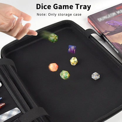 Black Dice Rolling Tray and Storage Case with Dedicated Polyhedral Slots, Carry Handle and Zipper Closure
