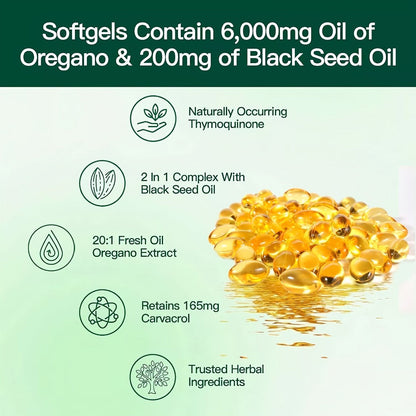 Herbal Supplements with ZEYMAN Label, Oregano Oil 6000mg and Black Seed Oil 200mg Softgels, 120 Count