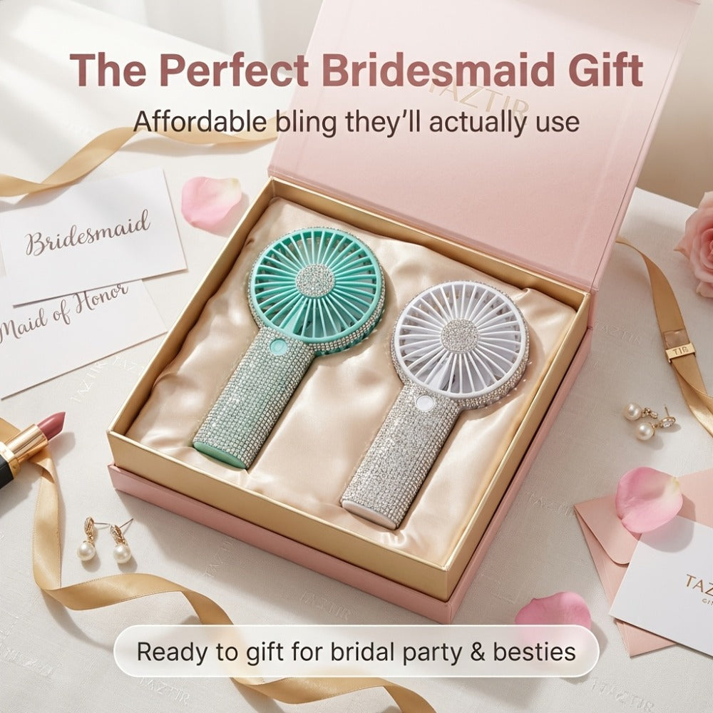Elegant Silvery Rhinestone Mini Handheld Fan with Type-C Charging, Round Grille and Decorated Handle