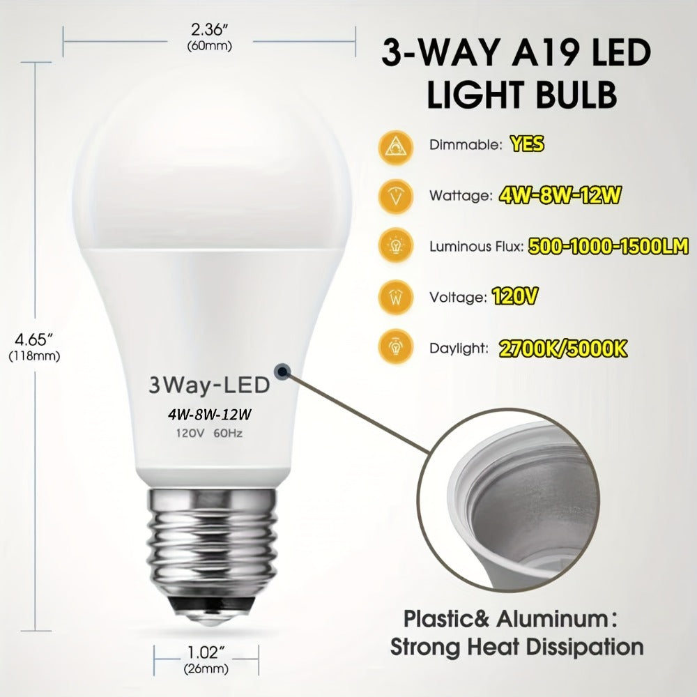 Three-Way A19 LED Light Bulbs with E26 Base and 1500 Lumens in 2700 K or 5000 K, Two or Four Packs