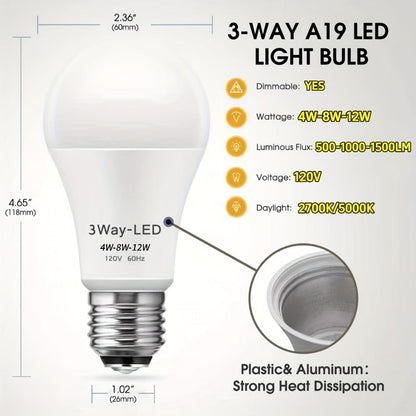 Three-Way A19 LED Light Bulbs with E26 Base and 1500 Lumens in 2700 K or 5000 K, Two or Four Packs