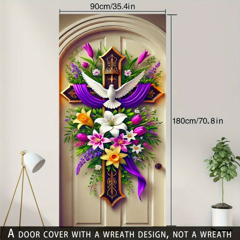 Easter Door Curtain Decoration with Dove, Floral and Cross Pattern, 35.4 x 70.8 Inches for Home or Party Display