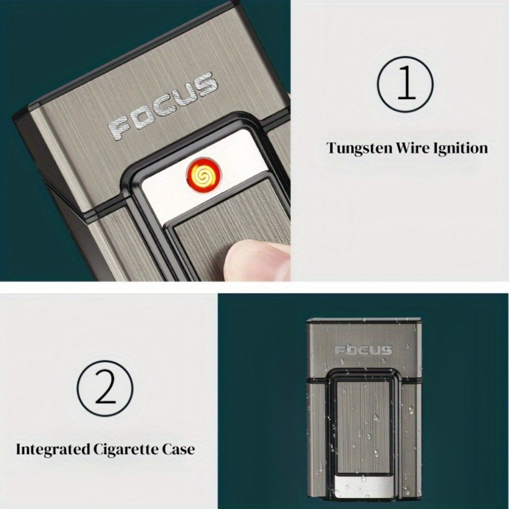 Black Pop-Up Cigarette Case with Integrated USB-Rechargeable Electric Lighter and Sliding Cover