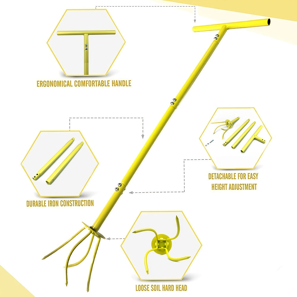 Manual Twist Tiller with Four Curved Soil Claws, Three-Section T-Handle and Yellow or Orange Options