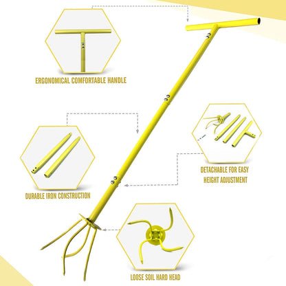 Manual Twist Tiller with Four Curved Soil Claws, Three-Section T-Handle and Yellow or Orange Options