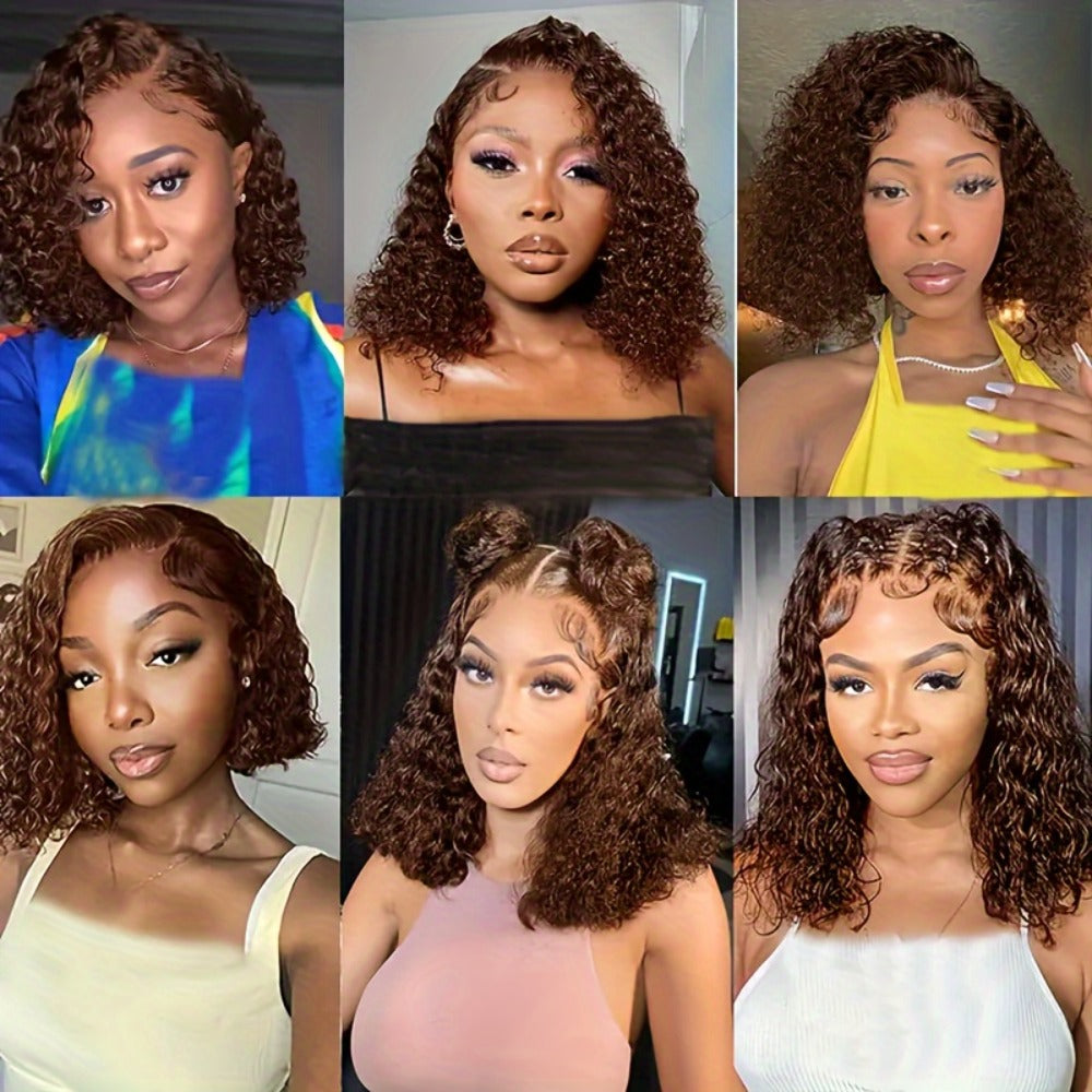 20 Inch 4x4 HD Lace Curly Bob Human Hair Wig in Reddish Brown Number 33 with Baby Hair for Women