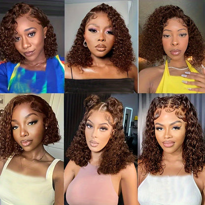 20 Inch 4x4 HD Lace Curly Bob Human Hair Wig in Reddish Brown Number 33 with Baby Hair for Women