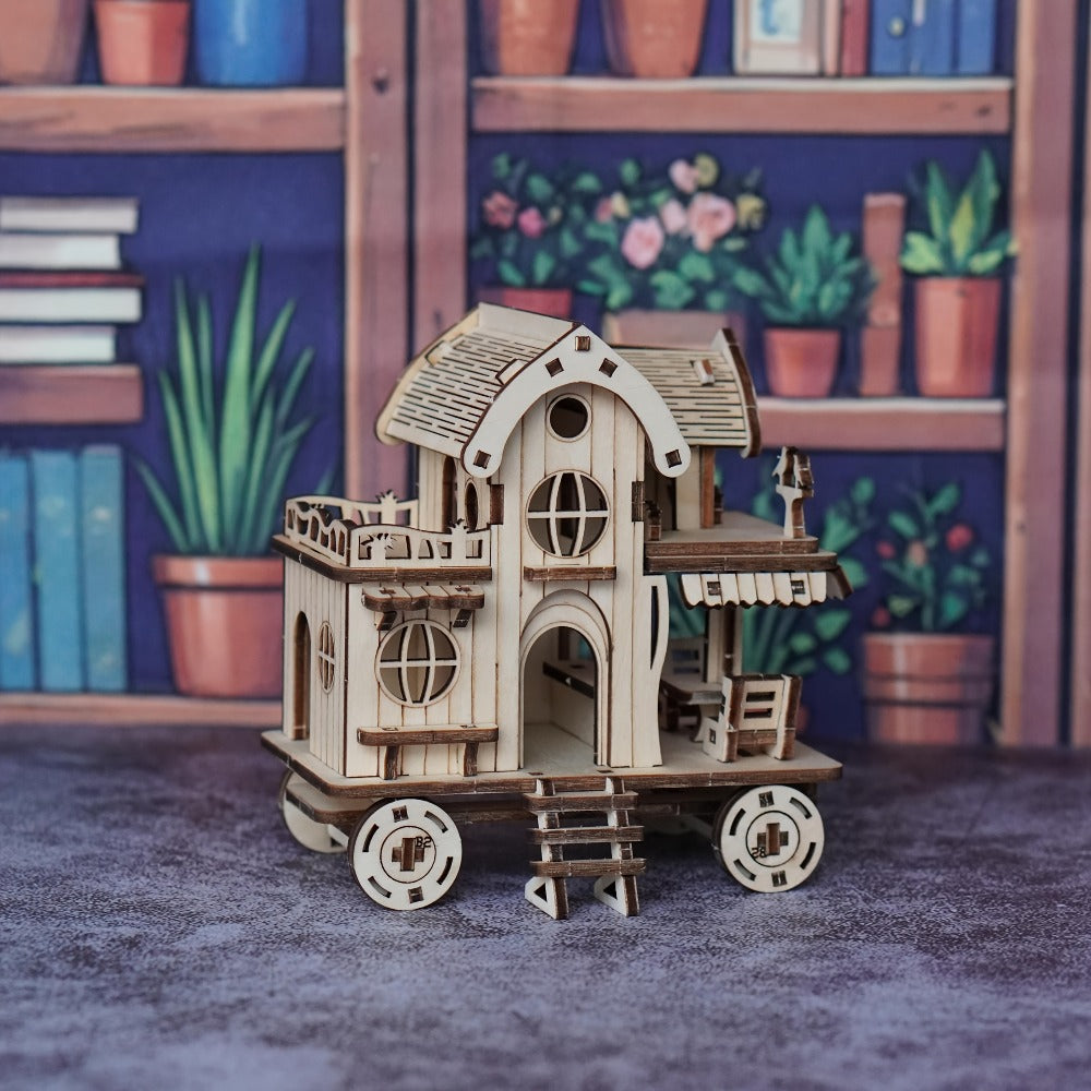 3D Wooden Mobile Home Puzzle Model Kit with Café Bar Details, 11 x 6 x 12 cm Finished Display
