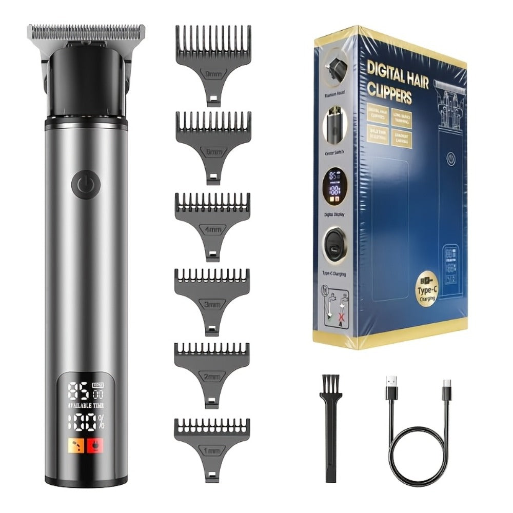 Hair Clipper Cordless Type-C Trimmer with LCD Display, Six Guide Combs and Two Finish Options