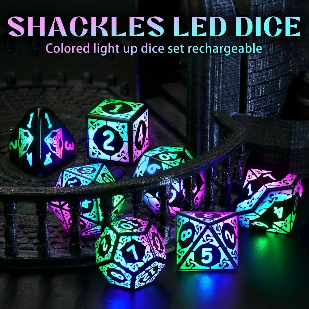 LED Dice Set 7pcs Wireless Rechargeable Light Up, Colorful Glowing Polyhedral Dice with Charging Box