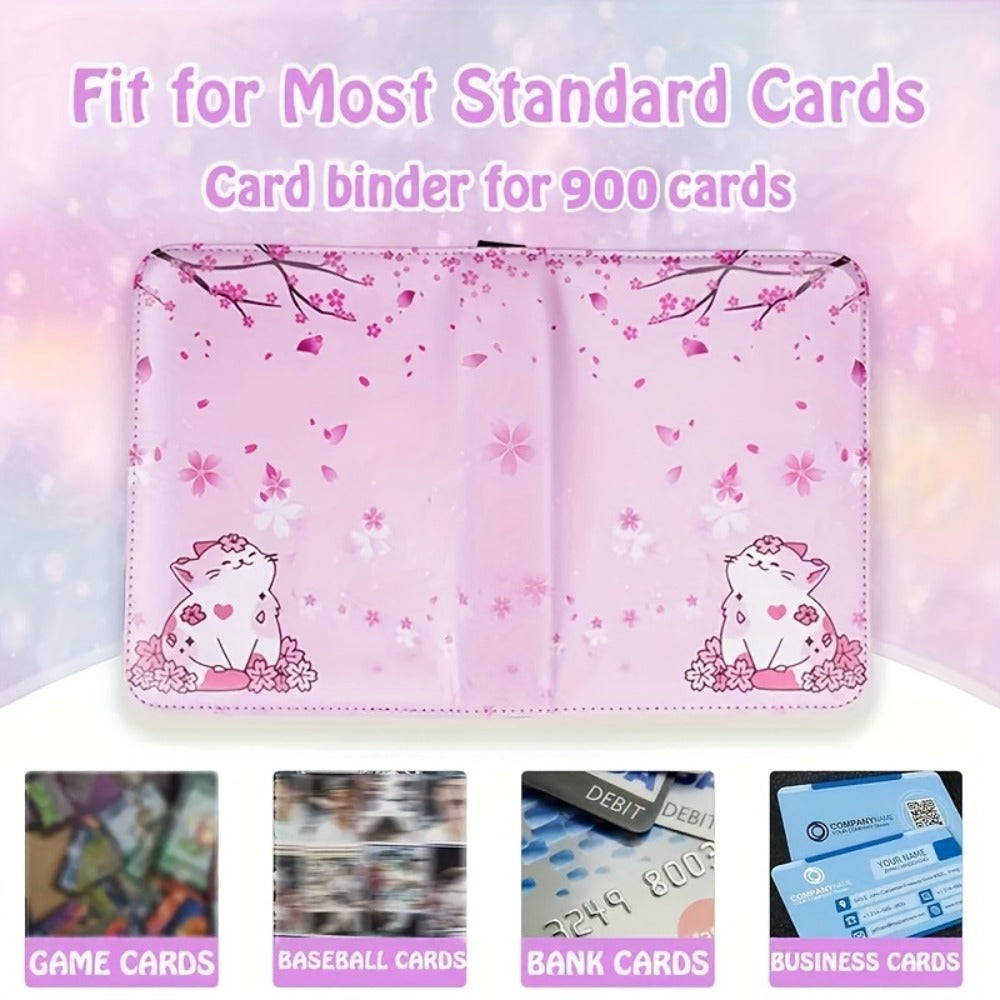 Pink Cat and Cherry Blossom Trading Card Binder with Zipper Closure, 900 Pockets and 13.2-Inch Height