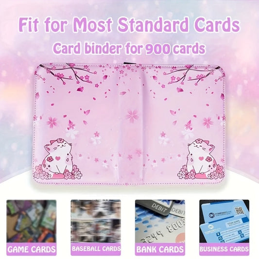 Trading Card Binder Album 900 Pockets Zippered – Premium PU Leather Collector's Album with Pink Cherry Blossom & Cat Design, Waterproof Card Storage for Pokemon, Sports & K-Pop Cards