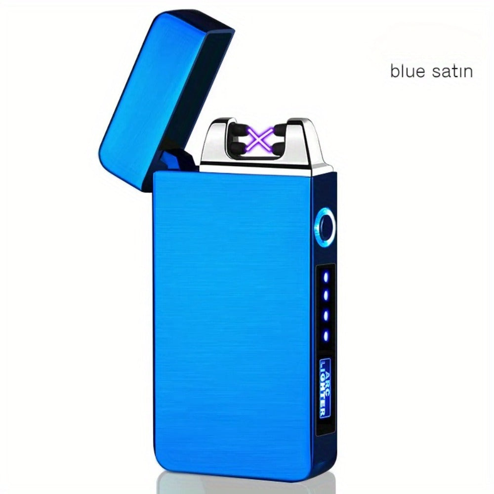 Flip-Top Dual-Arc Electric Lighter with Power Display in Three Black and Blue Color Options