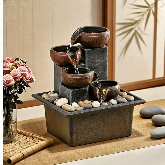 Tabletop Water Fountain Indoor – 4-Level Desktop Waterfall with LED Lights & Natural River Stones, USB Powered Meditation Fountain for Home Office Relaxation, Zen Desk Decor with Bubble Balls