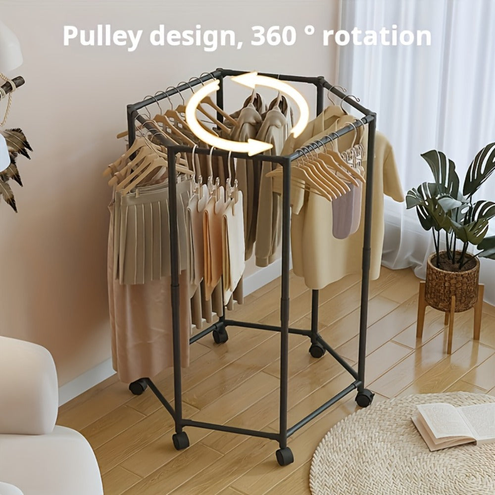 Rotating Hexagonal Garment Rack with Six-Sided Hanging Frame, Casters and Black or White Mesh-Bag Options