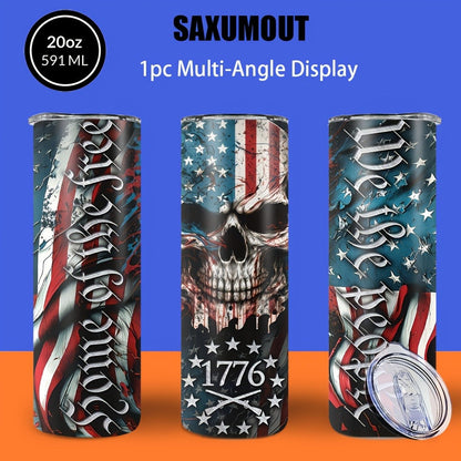 Insulated Tumbler 20oz Patriotic Skull Graphic in Blue with Stainless Steel, Lid and Straw
