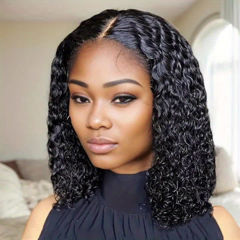 Lace Front Wig Deep-Wave Black 14-Inch Synthetic Style with Glueless Cap, Pre-Plucked Front and Baby Hair