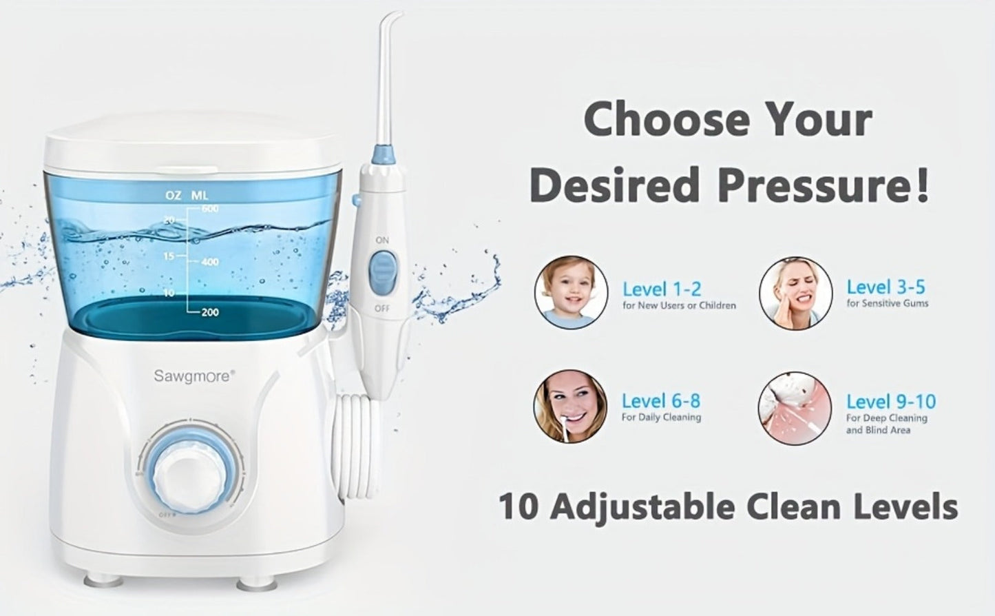 Water Flosser Countertop FC166 Oral Irrigator with 600ml Tank, Ten Pressure Settings, Eight Nozzles and Rotary Dial