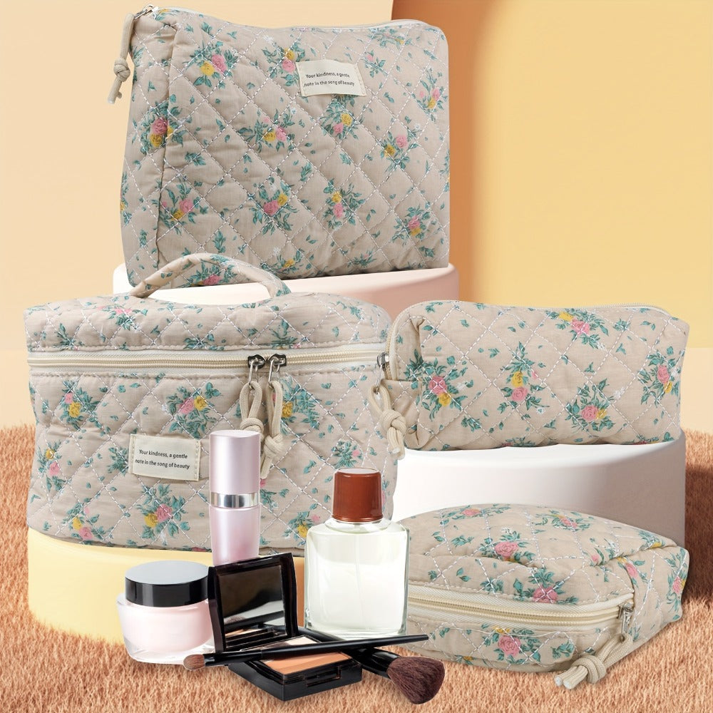 Makeup Bag – Quilted Makeup Bag Set 4-Piece Floral Rose Coquette Aesthetic Premium Cotton Cosmetic Organizer Travel Toiletry Pouch 4…