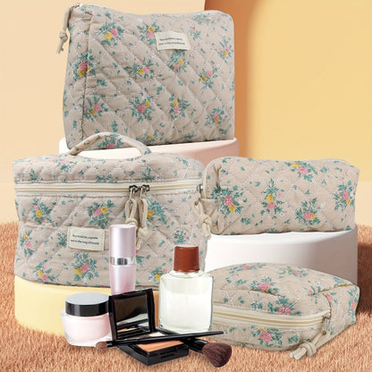 Makeup Bag – Quilted Makeup Bag Set 4-Piece Floral Rose Coquette Aesthetic Premium Cotton Cosmetic Organizer Travel Toiletry Pouch 4…