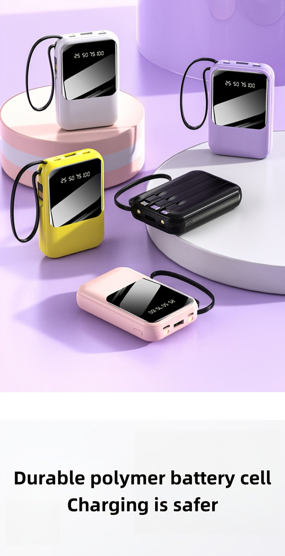 Power Bank 10000mAh Mini with Built-In Cable Set, 5W/15W/22.5W Options, Display and LED Light