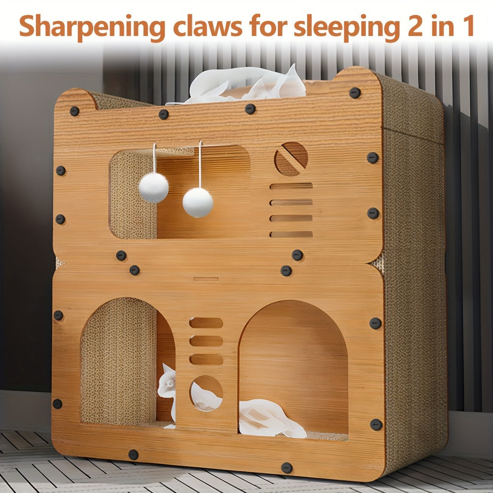Cat Tree Condo House with Scratching Board - Multi-Level Cat House for Indoor Cats with Dual Scratching Posts, Plush Balls & Ventilation Doors, 21 Inch Spacious Cat Tower for Kittens & Adult Cats, Double Layer & Three Floor Options
